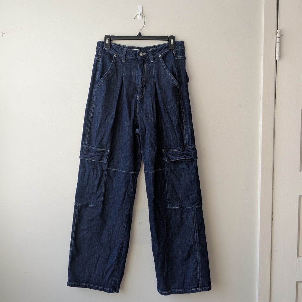 anthropologie PILCRO Dark Blue Denim Cargo Jeans Pants Pockets Women's Size 27